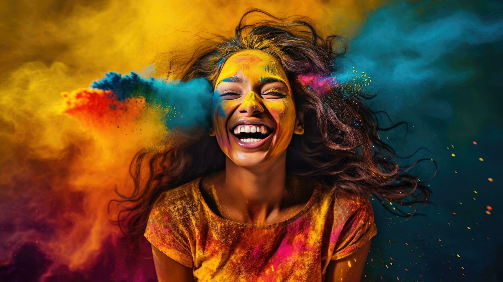 Beautiful happy Indian woman celebrates Holi with colored powder or gulal. indian festival holi photo