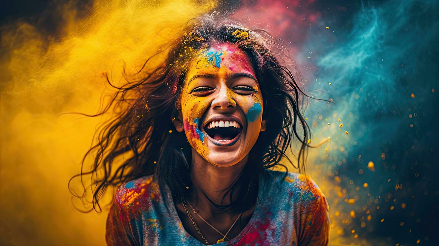 Beautiful happy Indian woman celebrates Holi with colored powder or gulal. indian festival holi photo