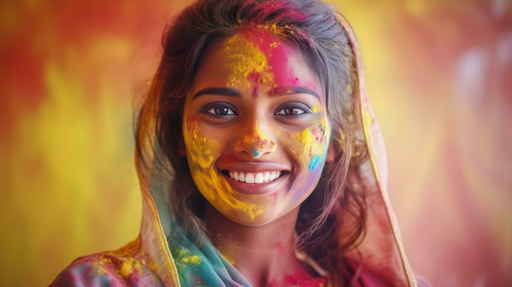 Beautiful happy Indian woman celebrates Holi with colored powder or gulal. indian festival holi photo