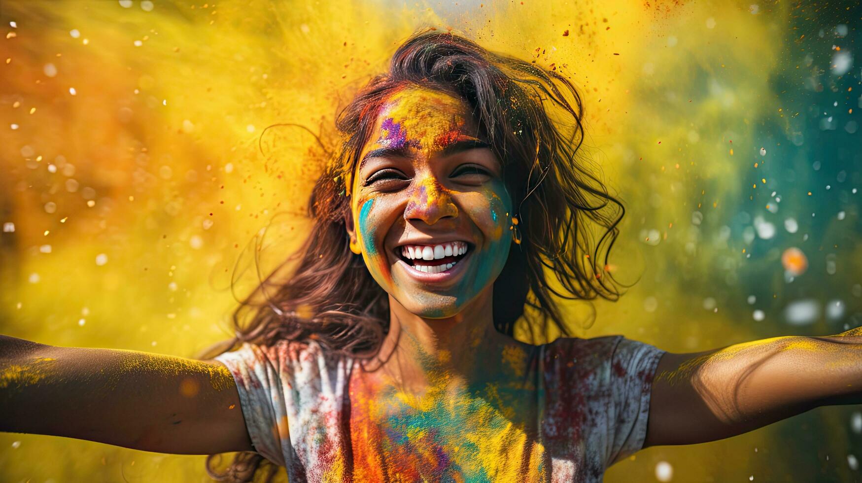 Beautiful happy Indian woman celebrates Holi with colored powder or gulal. indian festival holi photo