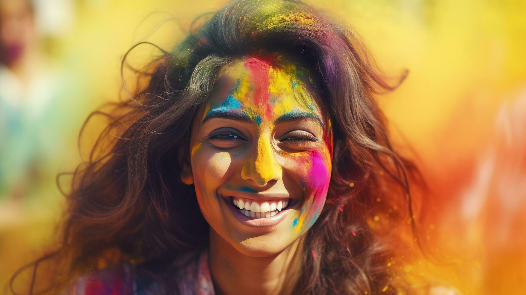 Beautiful happy Indian woman celebrates Holi with colored powder or gulal. indian festival holi photo