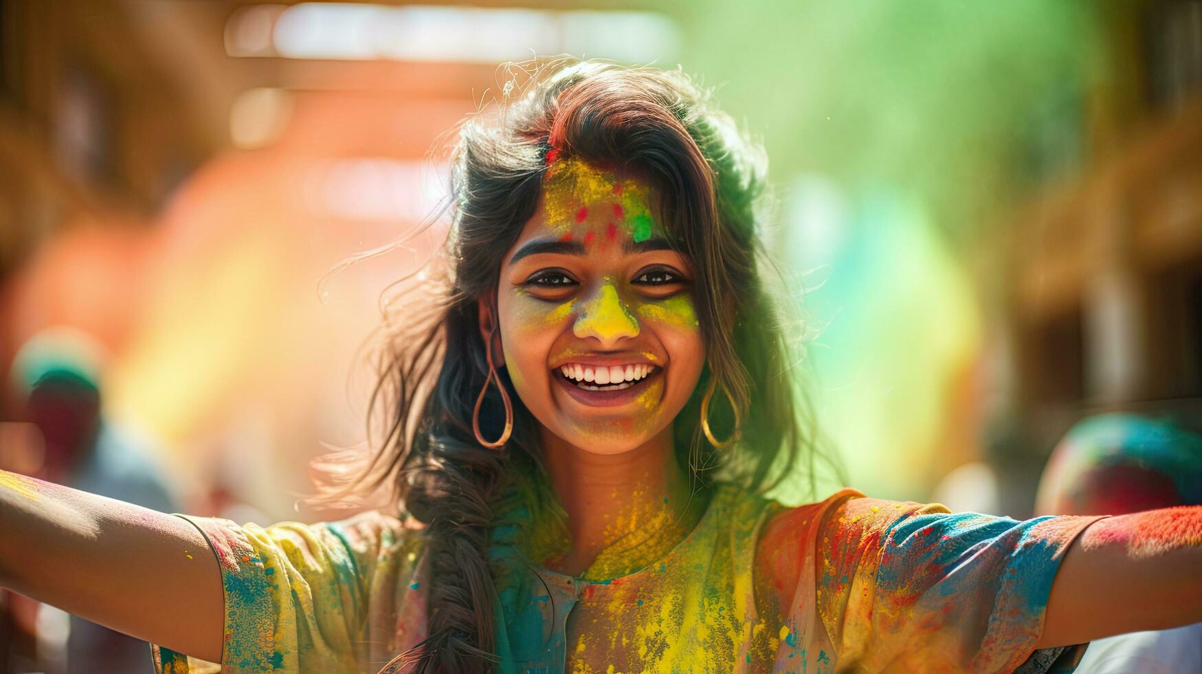 Beautiful happy Indian woman celebrates Holi with colored powder or gulal. indian festival holi photo