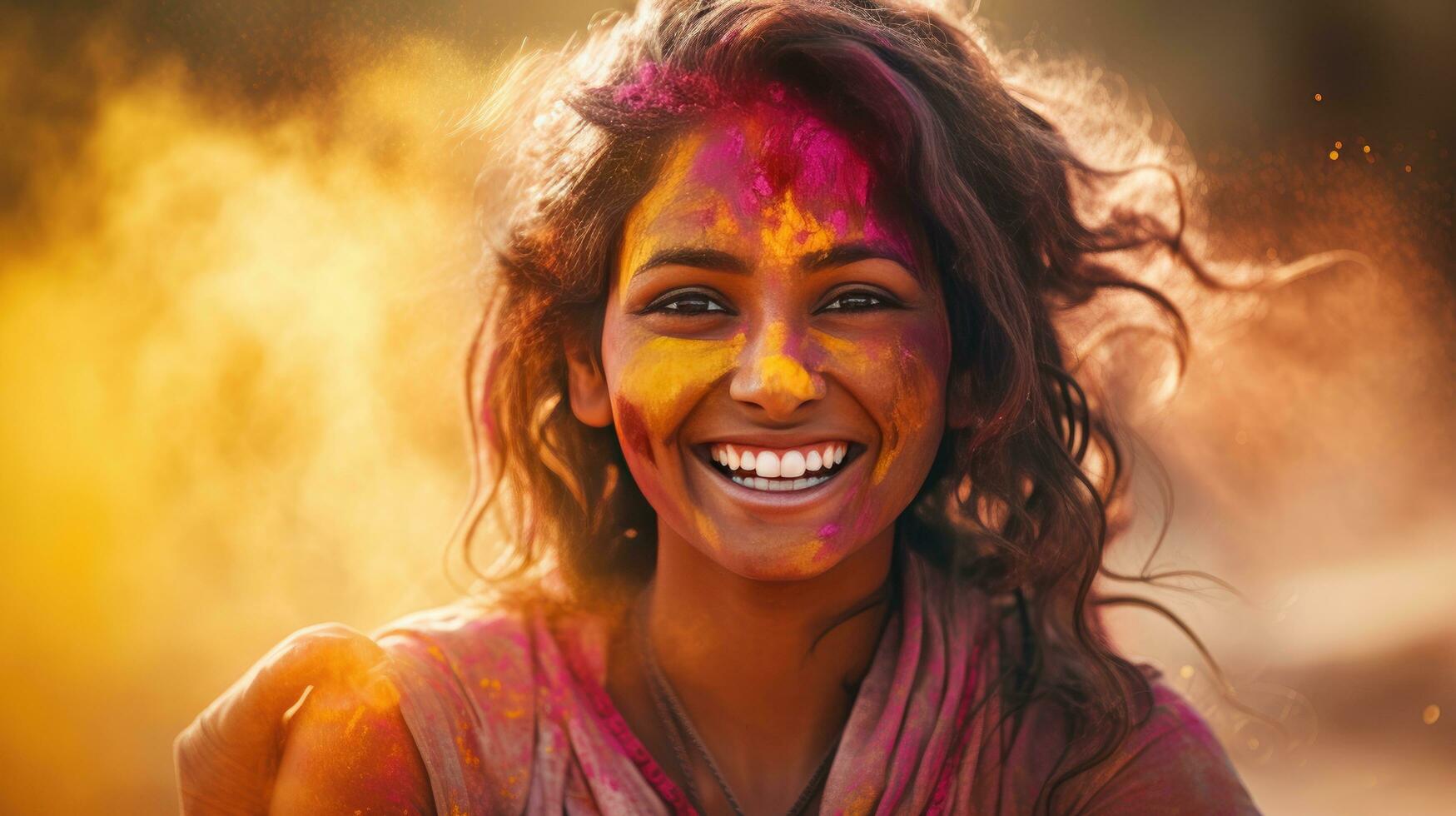 Beautiful happy Indian woman celebrates Holi with colored powder or gulal. indian festival holi photo