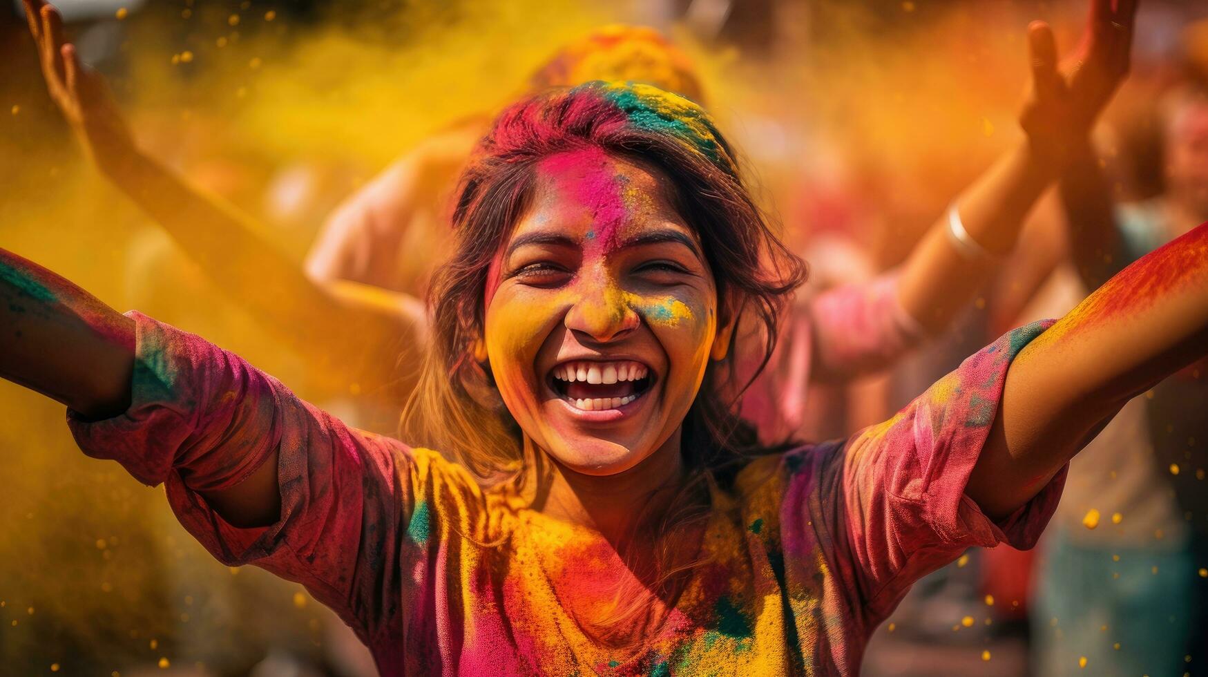 Beautiful happy Indian woman celebrates Holi with colored powder or gulal. indian festival holi photo