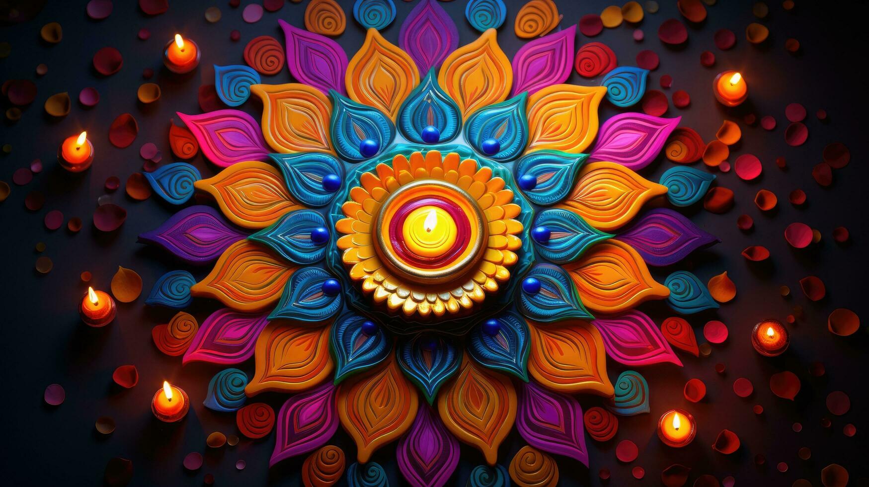 Oil lamps lit on colorful rangoli during diwali celebration Colorful clay diya lamps with flowers photo