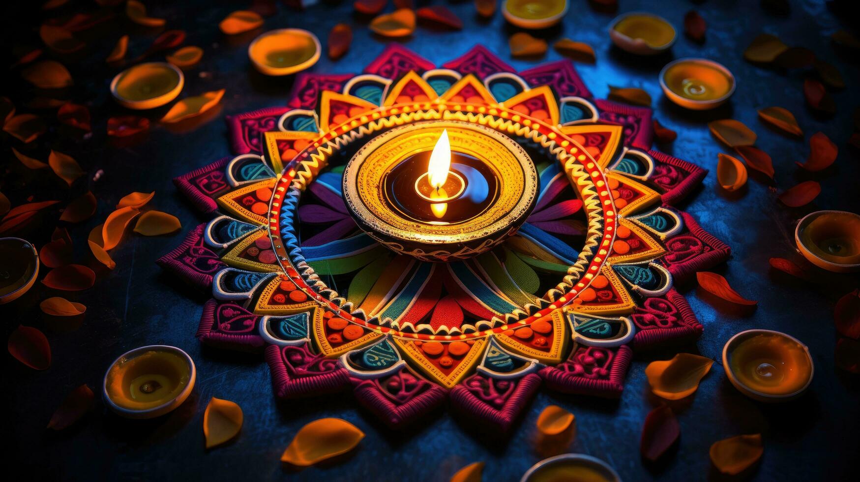 Oil lamps lit on colorful rangoli during diwali celebration Colorful clay diya lamps with flowers photo