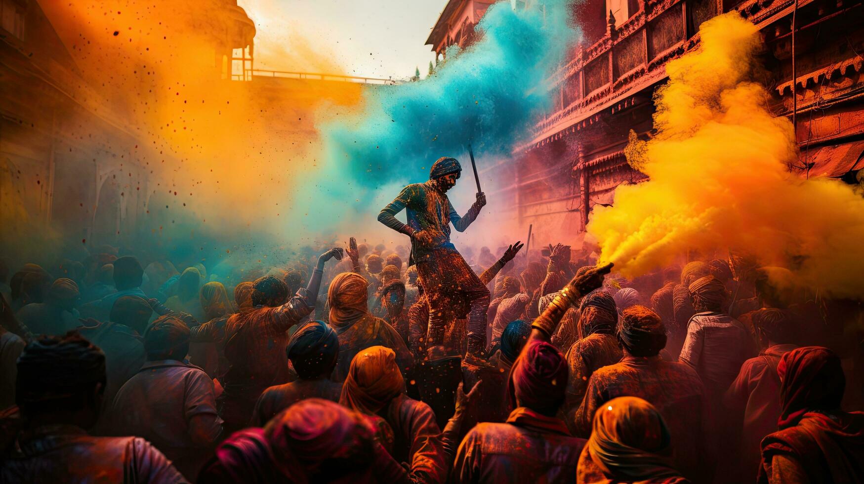 People celebrate colorful Holi festival in India, annual tourism colors, India photo