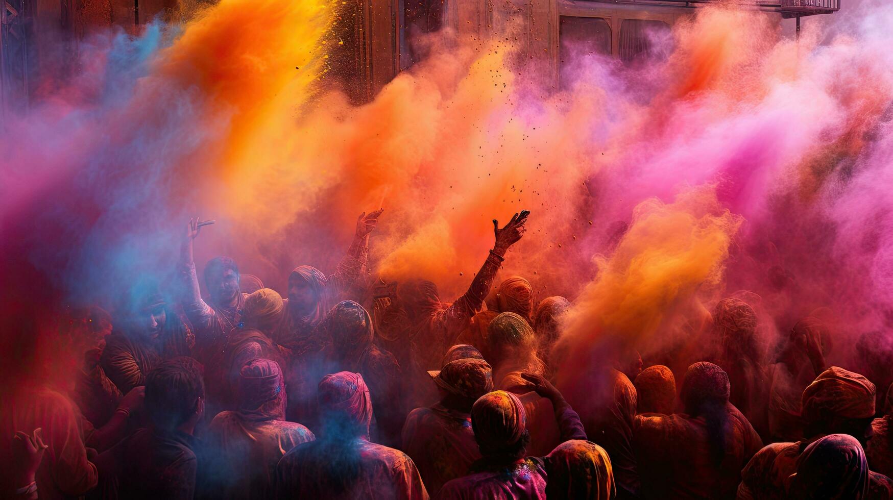 People celebrate colorful Holi festival in India, annual tourism colors, India photo