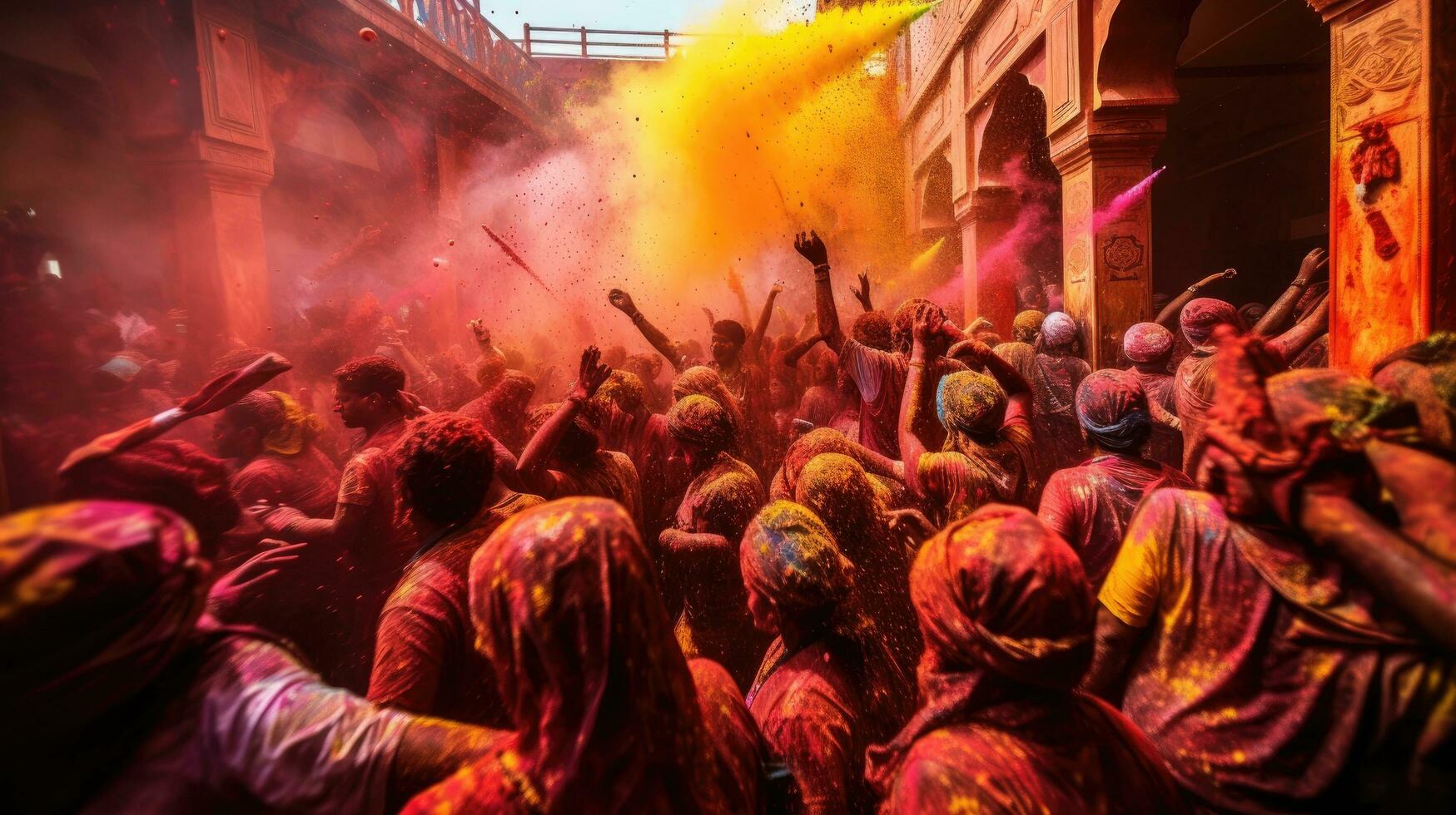 People celebrate colorful Holi festival in India, annual tourism colors, India photo