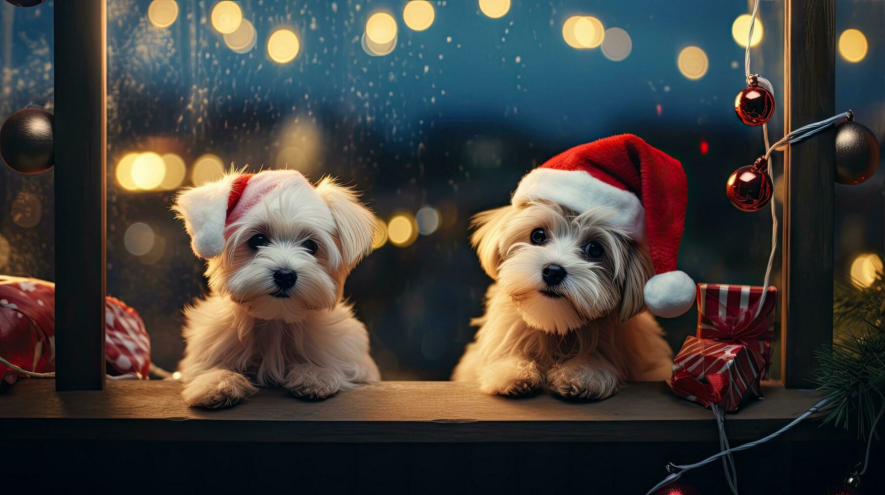 Funny American Akita puppy Two people wearing antlers and Santa hats sit on the front porch celebrating the 2024 New Year. photo