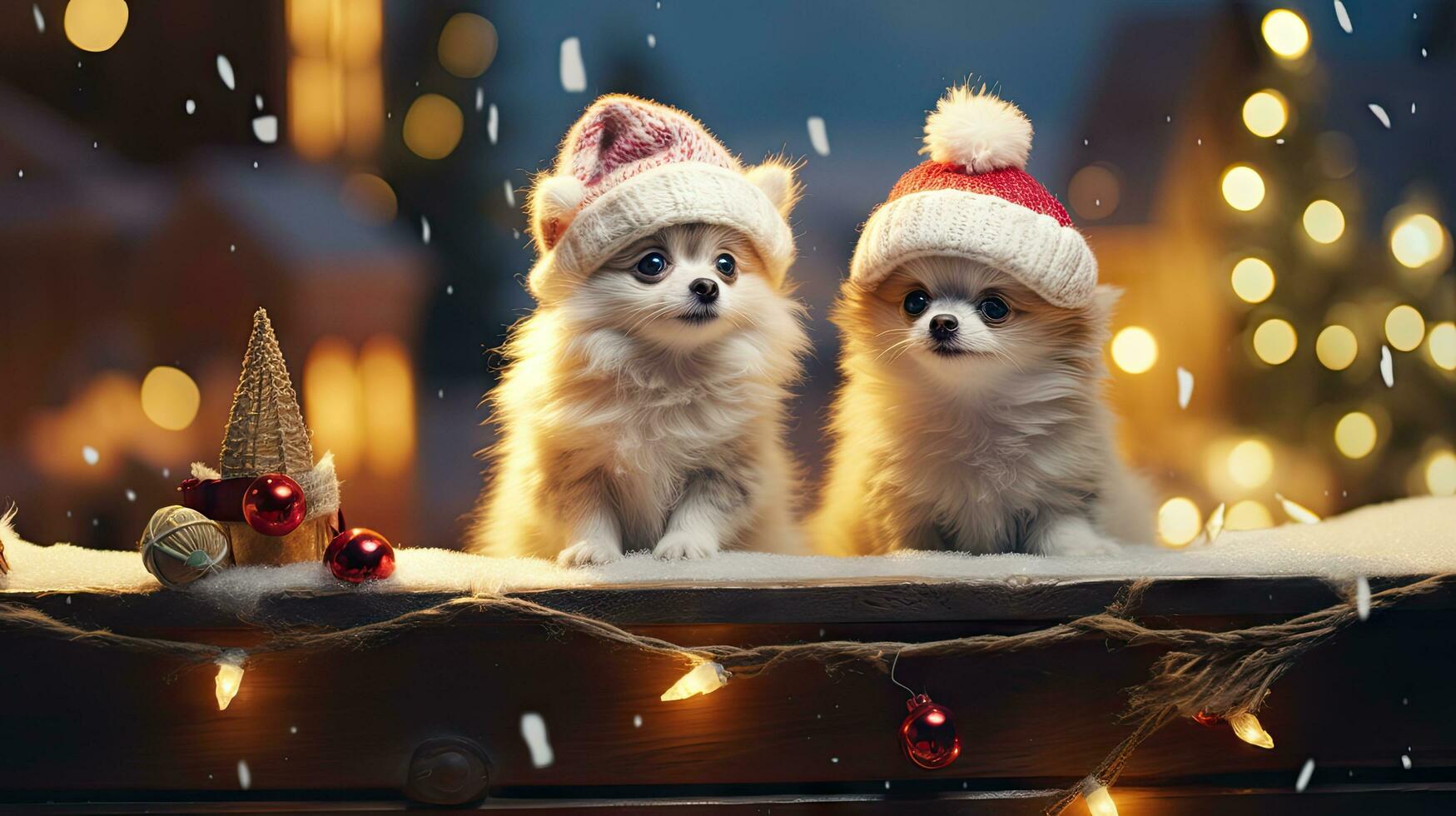 Funny American Akita puppy Two people wearing antlers and Santa hats sit on the front porch celebrating the 2024 New Year. photo