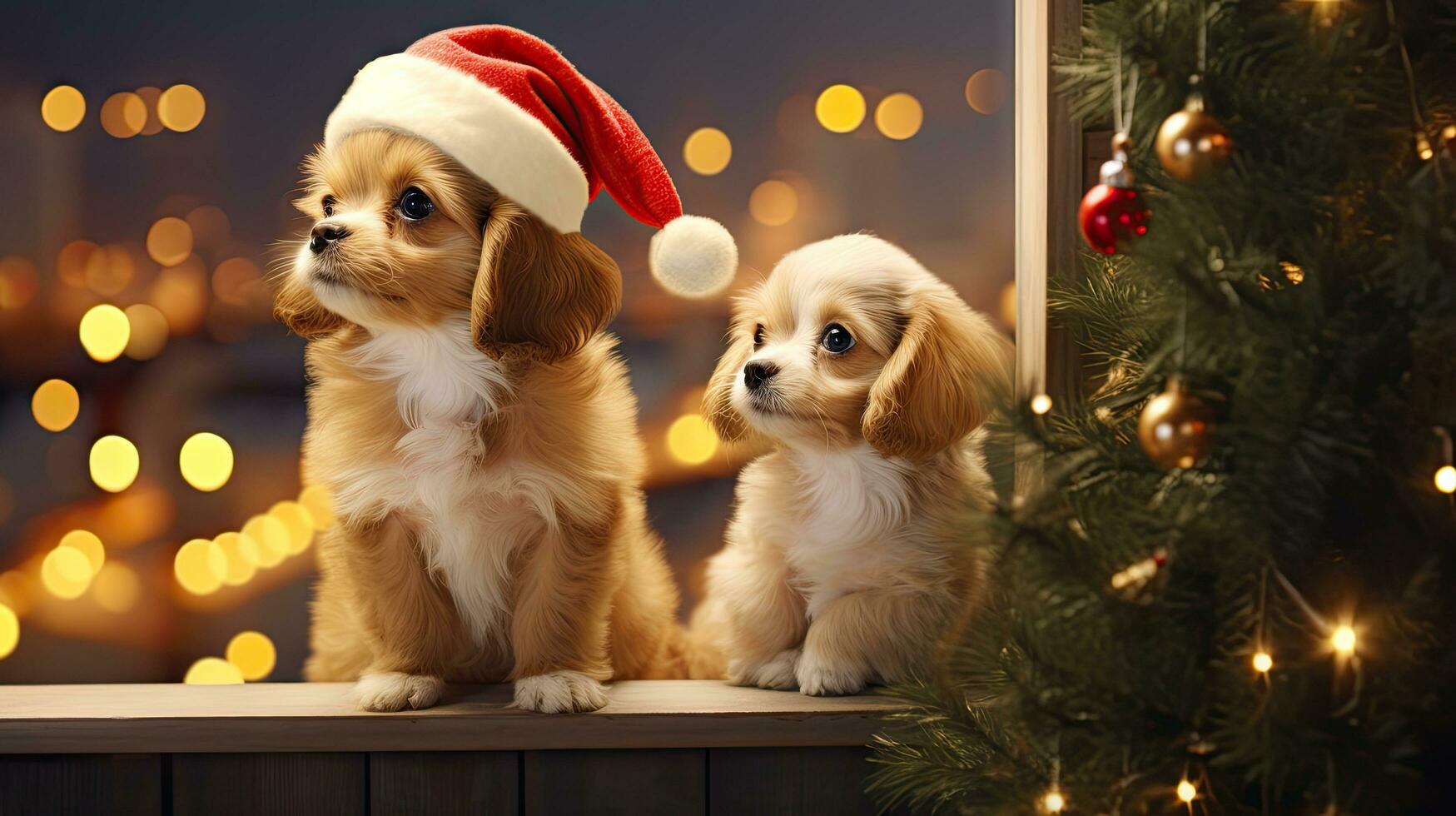 Funny American Akita puppy Two people wearing antlers and Santa hats sit on the front porch celebrating the 2024 New Year. photo