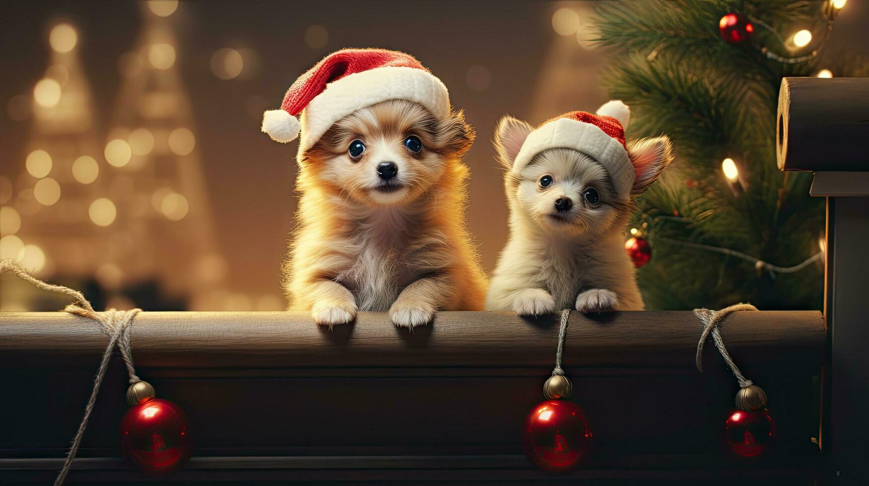 Funny American Akita puppy Two people wearing antlers and Santa hats sit on the front porch celebrating the 2024 New Year. photo