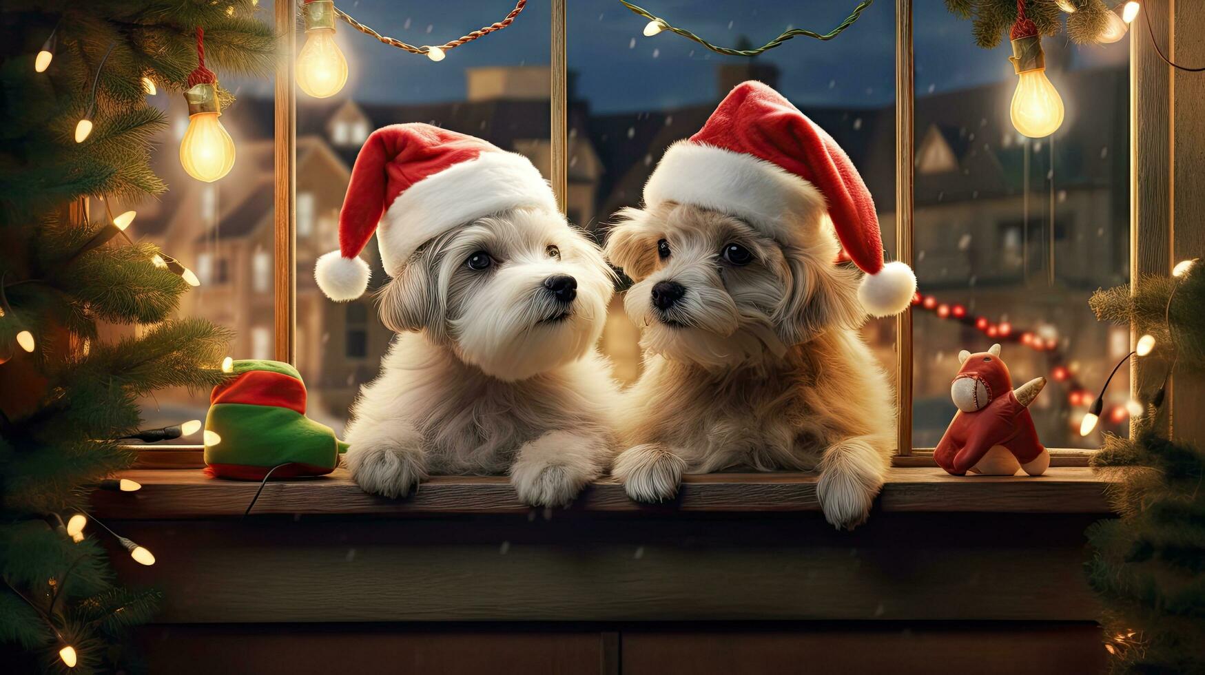 gracioso americano akita perrito dos personas vistiendo cornamenta y Papa Noel sombreros sentar en el frente porche celebrando el 2024 nuevo año. foto