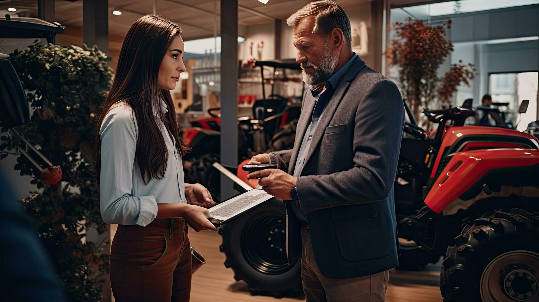 Female tractor salesperson stands in showroom and guarantees spare parts and service of agricultural machinery. photo