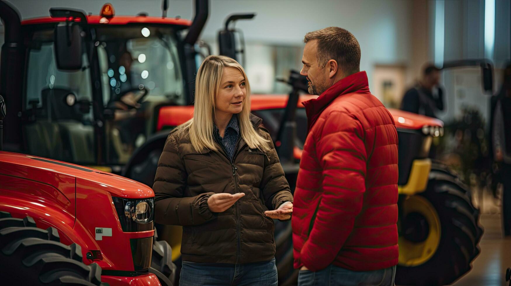 Female tractor salesperson stands in showroom and guarantees spare parts and service of agricultural machinery. photo