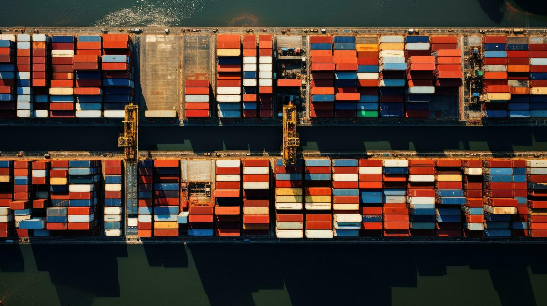 Aerial top view of ocean cargo ship with contrail in cargo transport technology export ship. photo