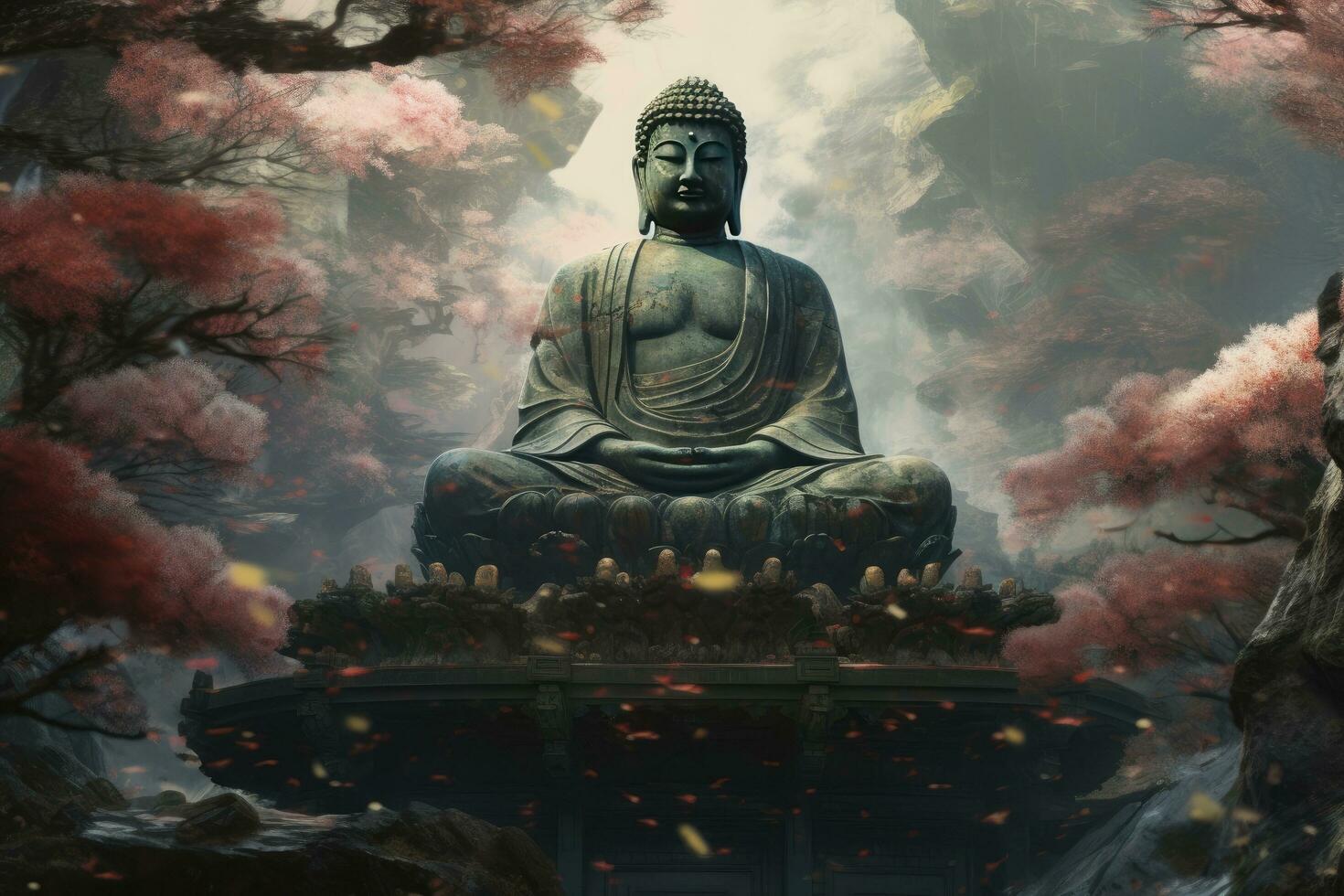 Buddha image, ancient Buddhism surrounded by flowers photo