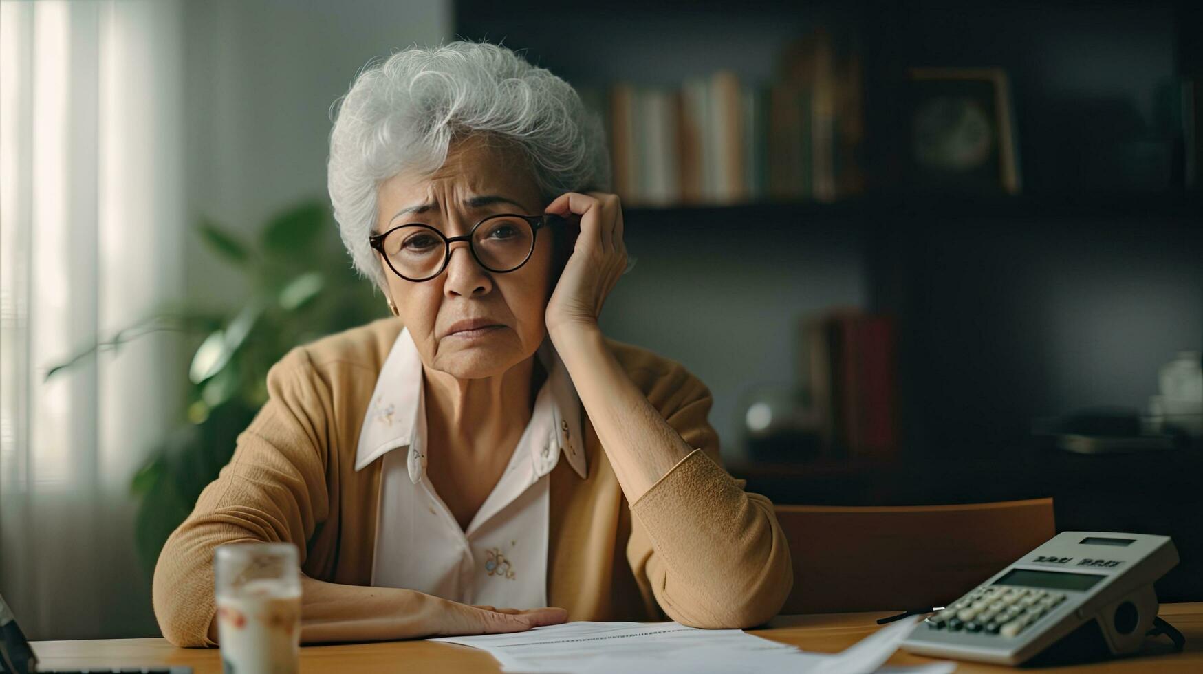 Elderly woman sitting thinking using laptop and writing in notebook at home table Study the concept of formula photo