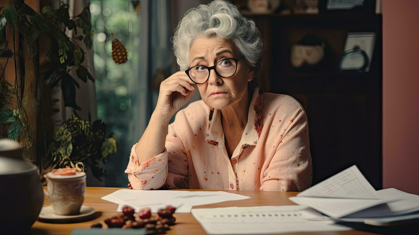 Elderly woman sitting thinking using laptop and writing in notebook at home table Study the concept of formula photo