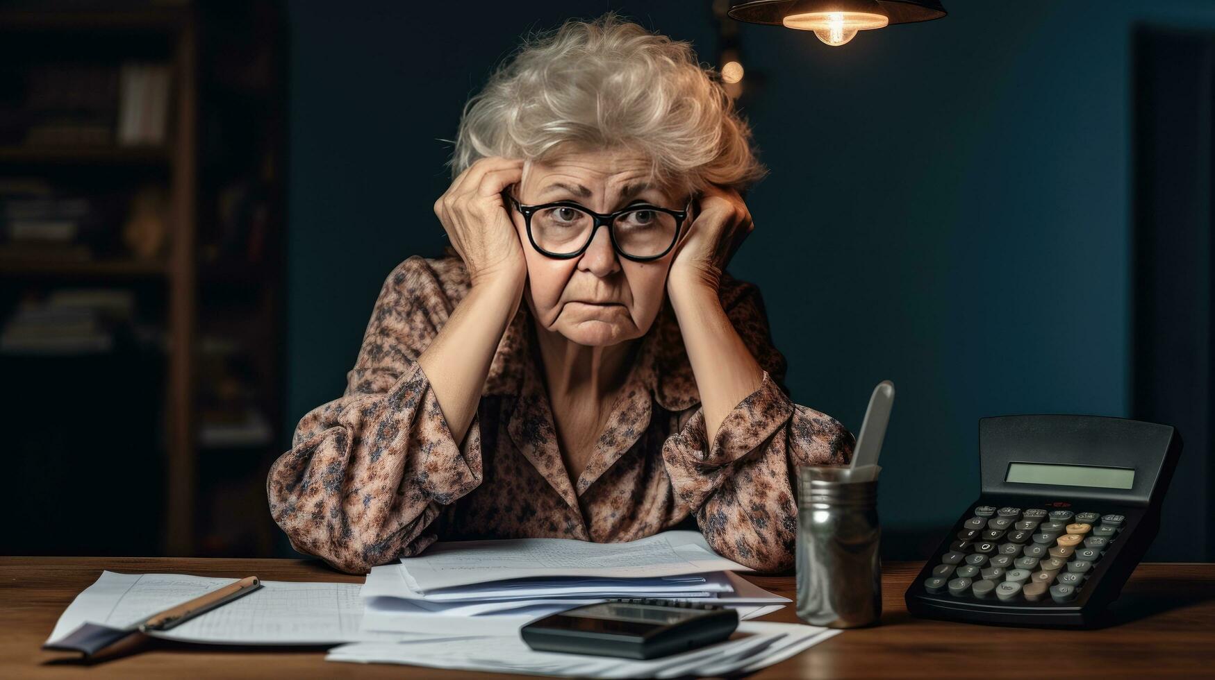 Elderly woman sitting thinking using laptop and writing in notebook at home table Study the concept of formula photo