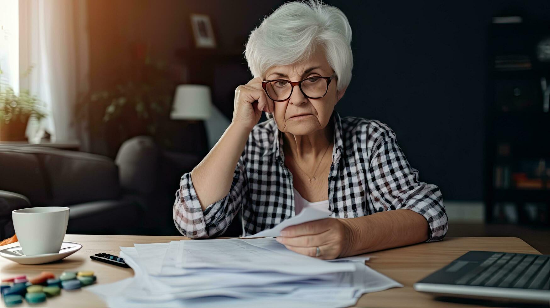 Elderly woman sitting thinking using laptop and writing in notebook at home table Study the concept of formula photo