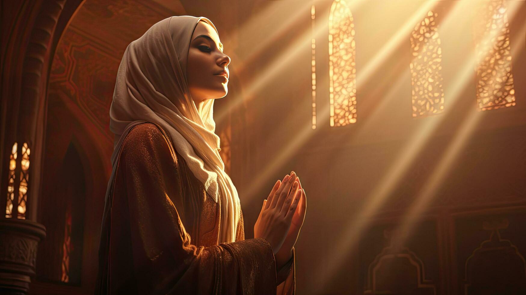 Religious Muslim woman praying in a church photo