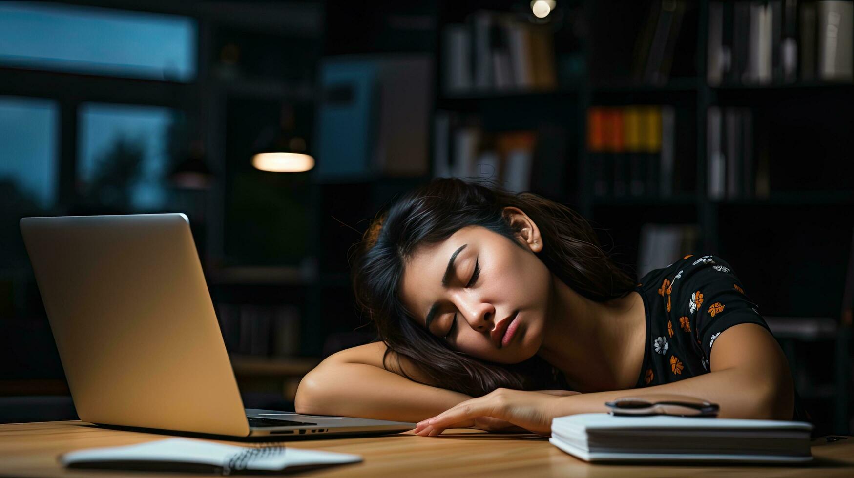 Young woman falls asleep at work photo