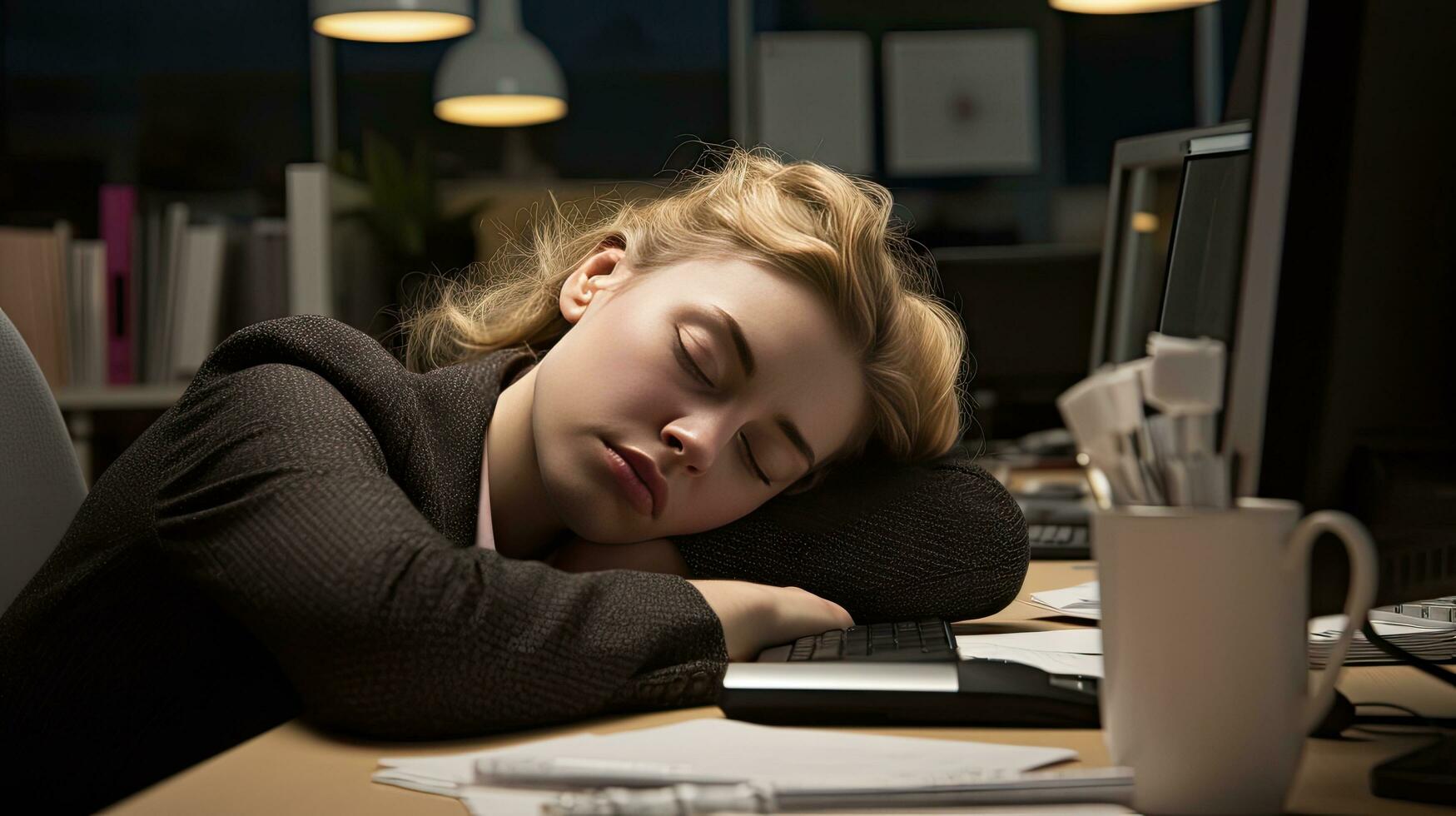 Young woman falls asleep at work photo