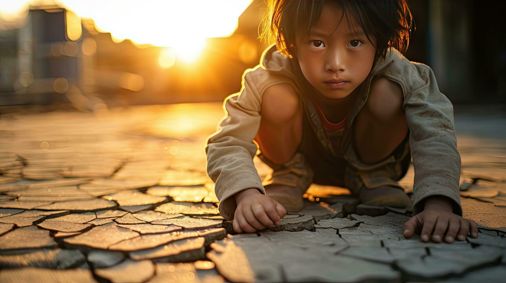 Asian children living in poverty and drought photo