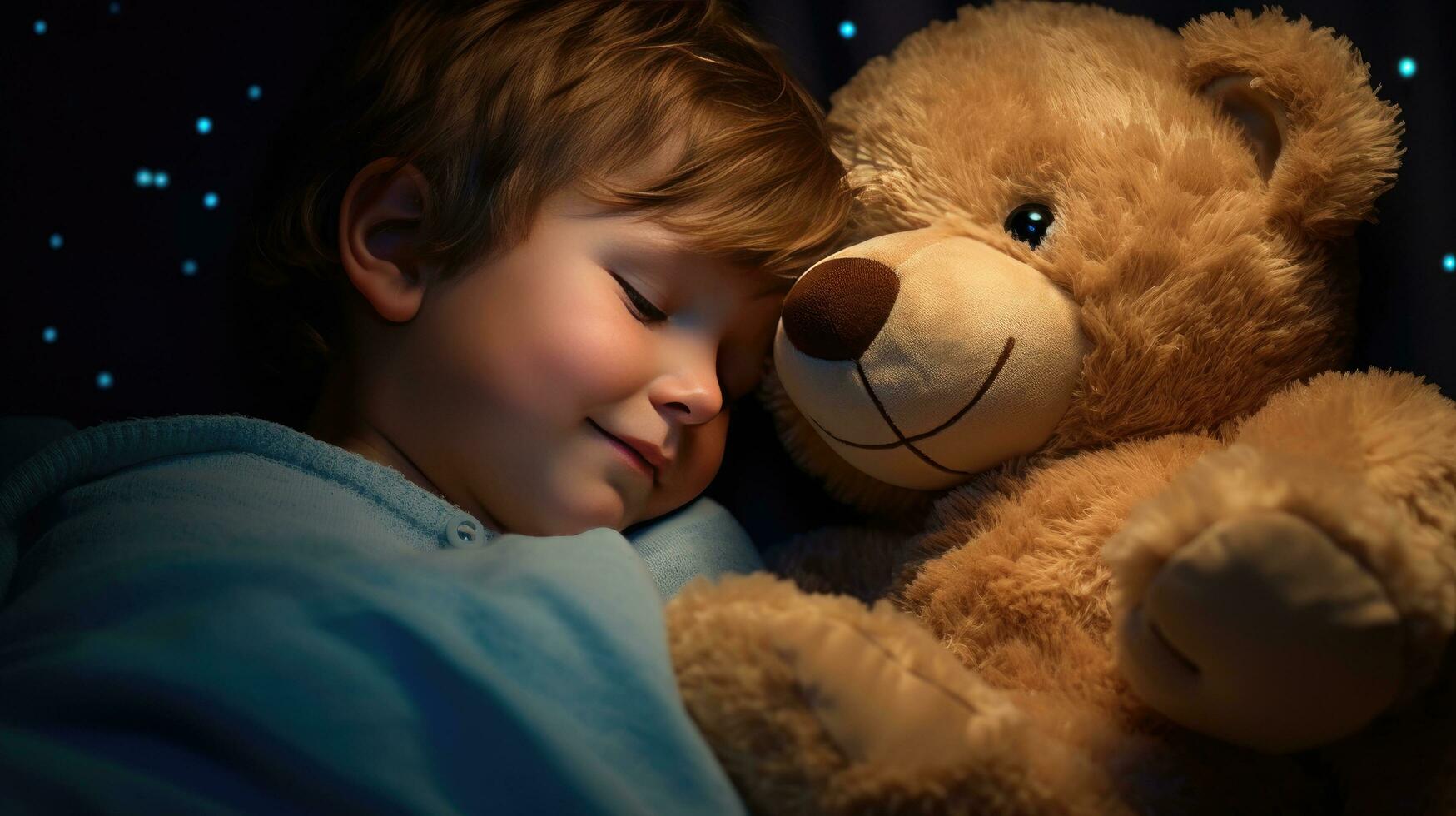 A cute little boy hugs a big soft teddy bear. photo