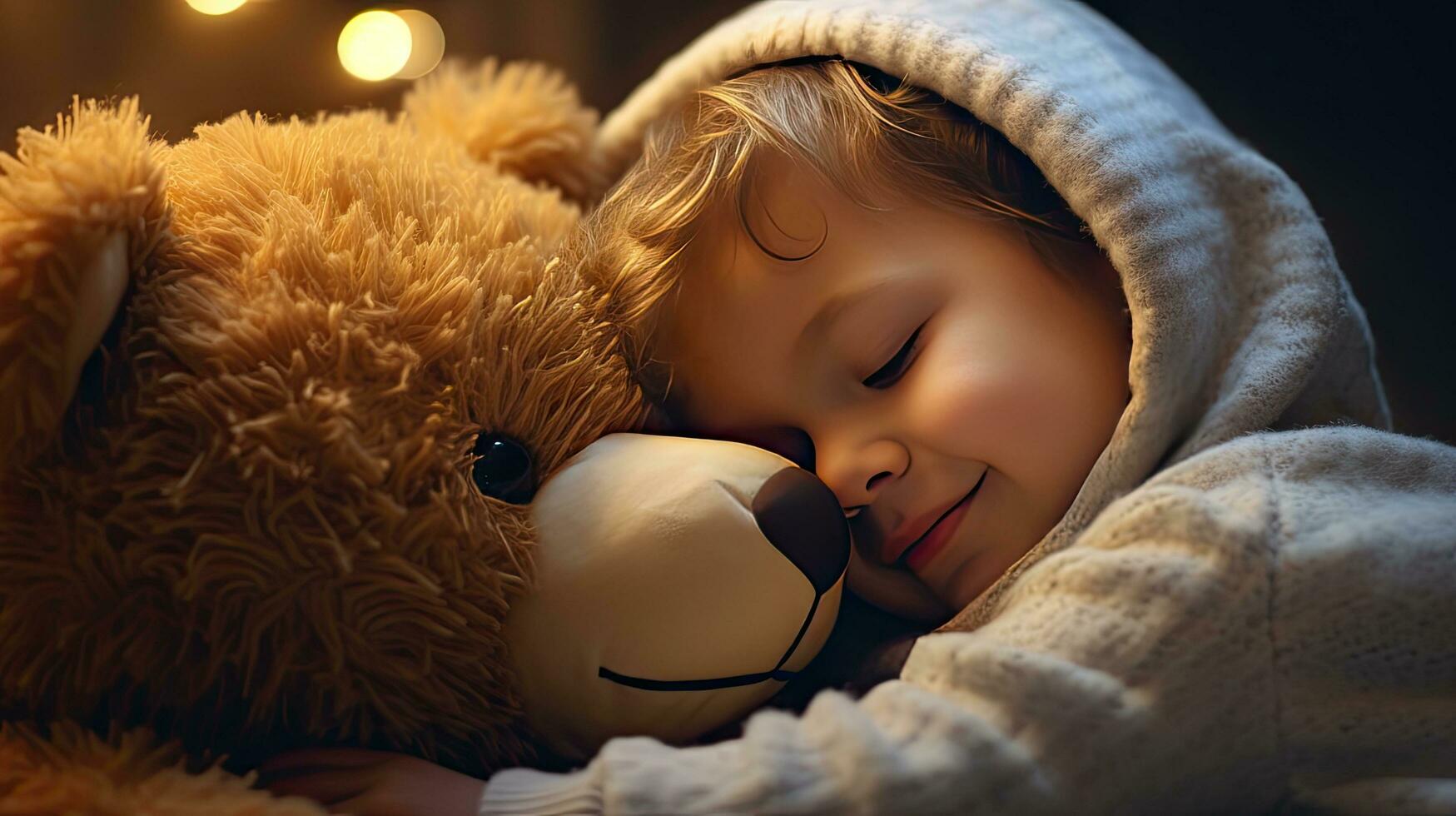 A cute little boy hugs a big soft teddy bear. photo