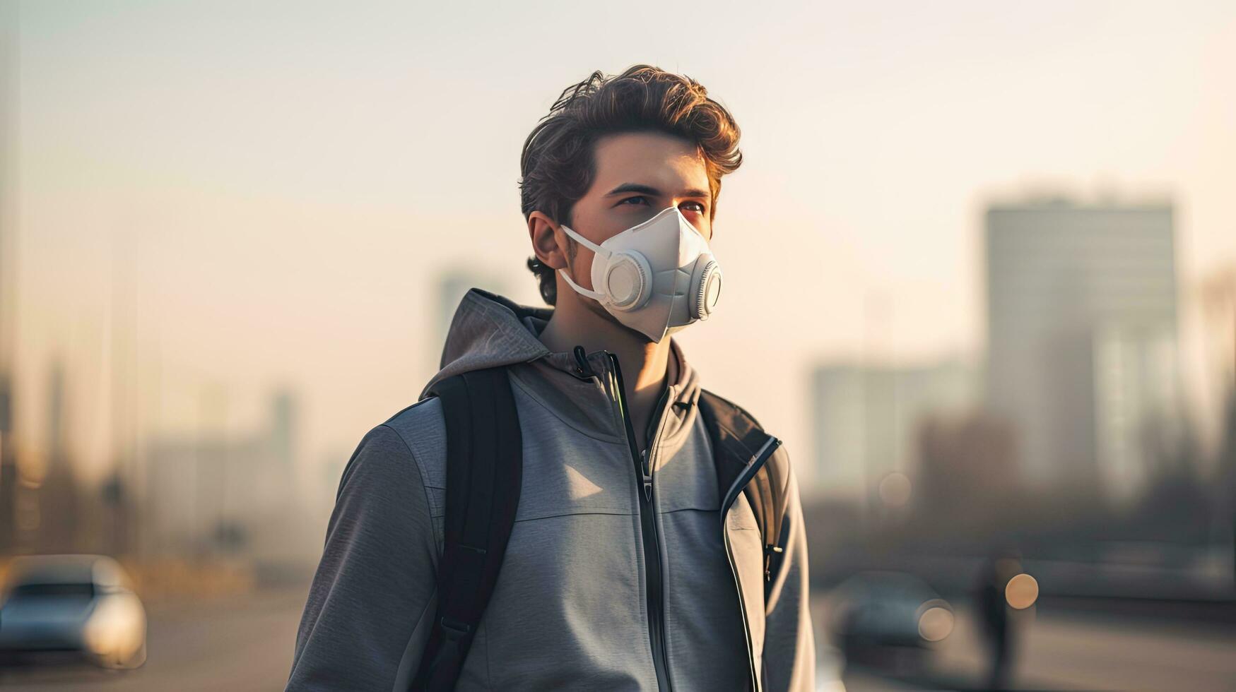 A young man wears an N95 mask to protect against PM 2.5 dust and air pollution. Behind there are cars passing by and there is a thin stream. photo