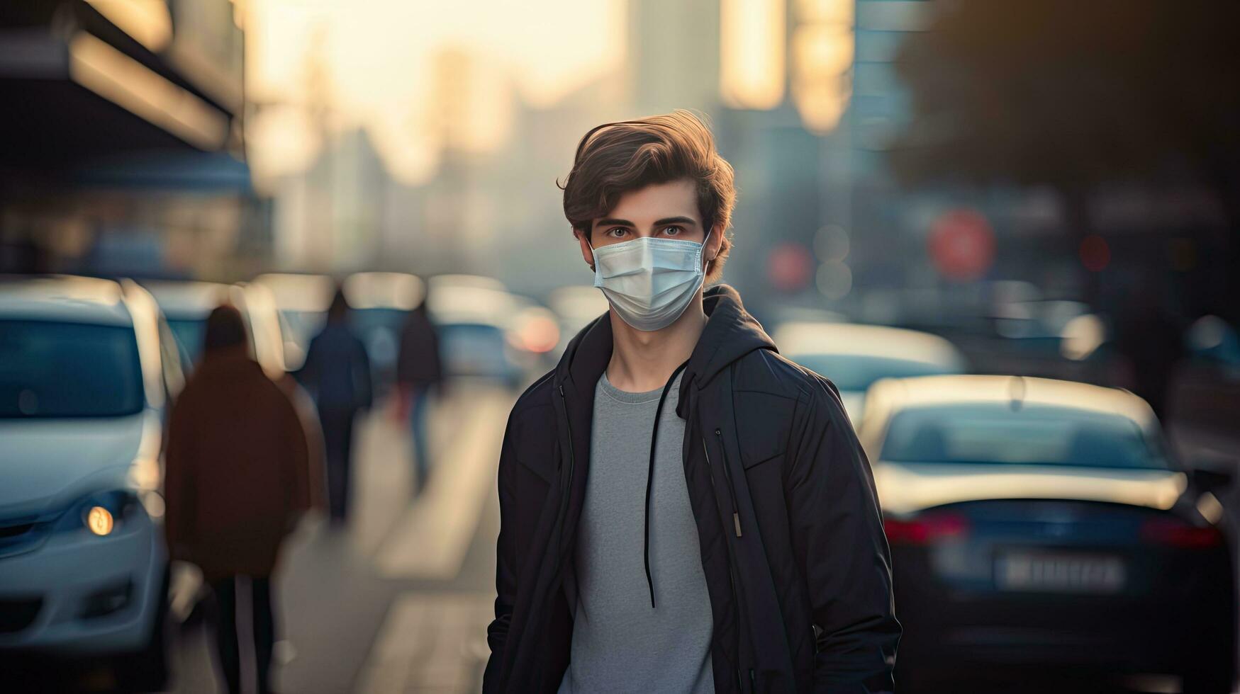 A young man wears an N95 mask to protect against PM 2.5 dust and air pollution. Behind there are cars passing by and there is a thin stream. photo