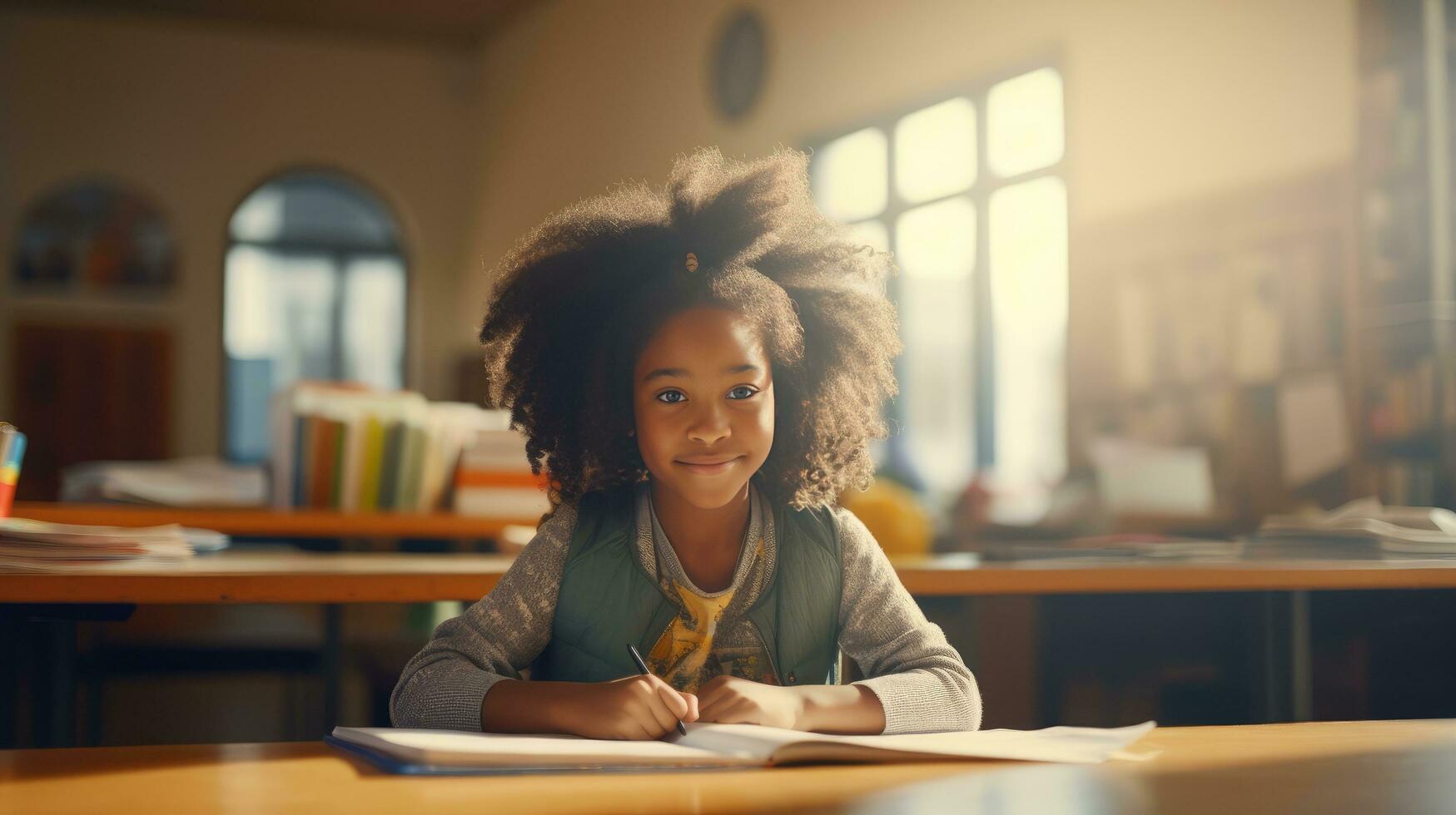 black female elementary school student Sitting alone in the classroom thinking about homework. There is a book on the table photo