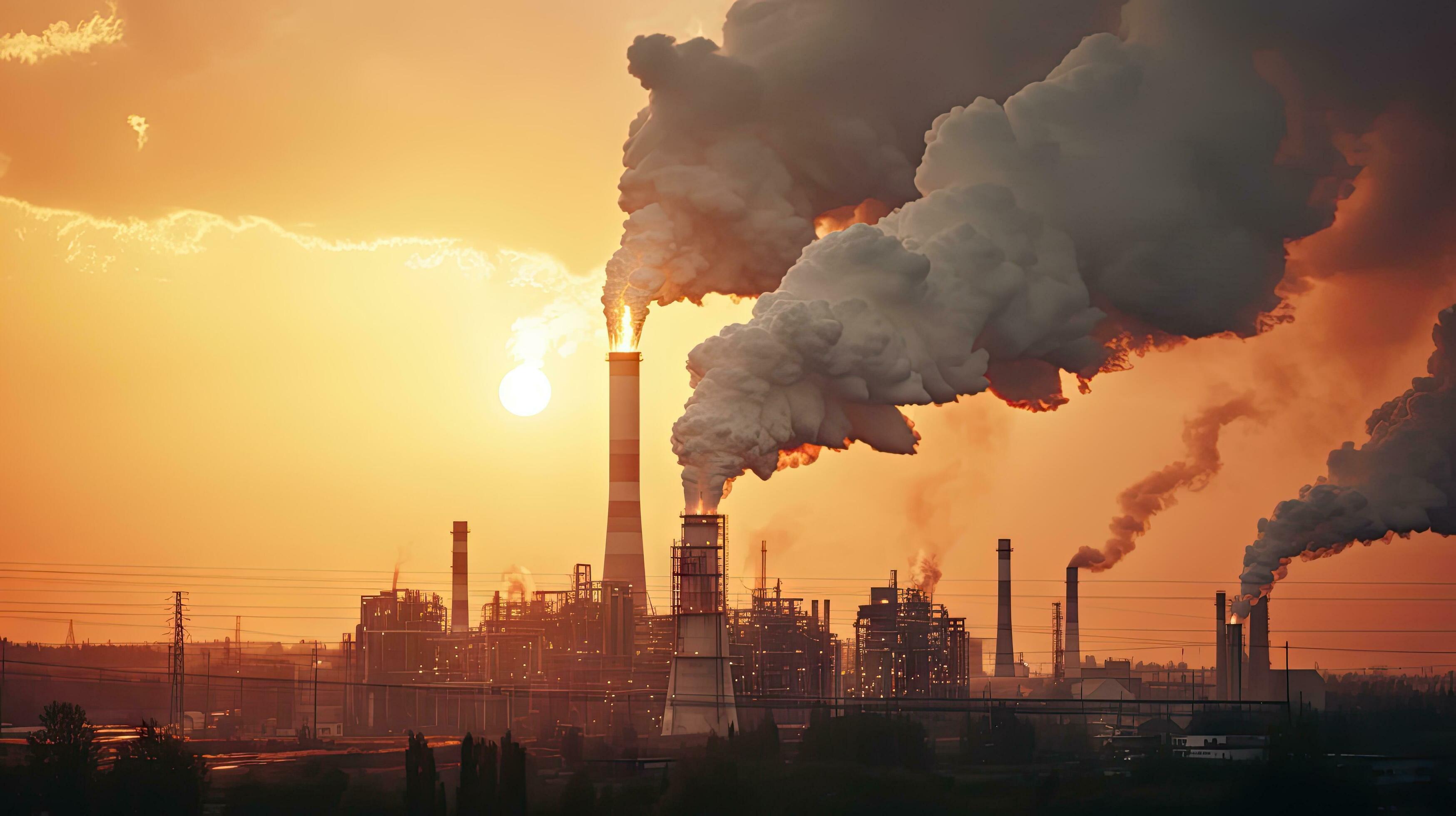 Chemical factory with smokestack Smoke from factory pipes at sunset, ecological problems and air