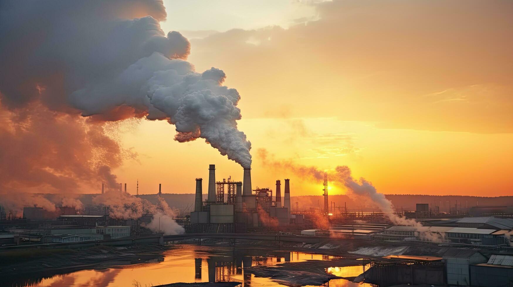 Chemical factory with smokestack Smoke from factory pipes at sunset, ecological problems and air pollution photo