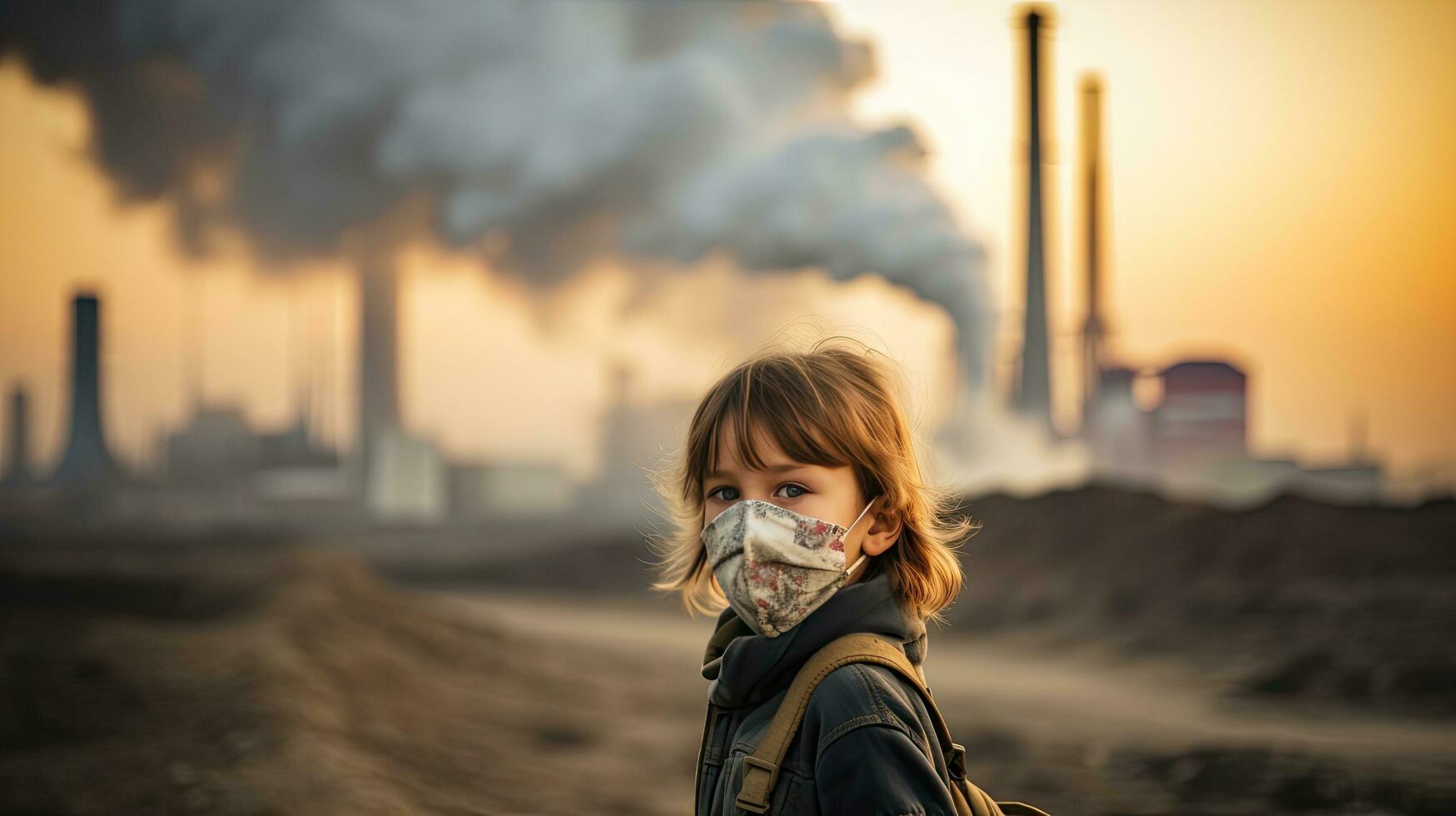 Children wearing masks to prevent air pollution Behind is the factory smokestack. photo