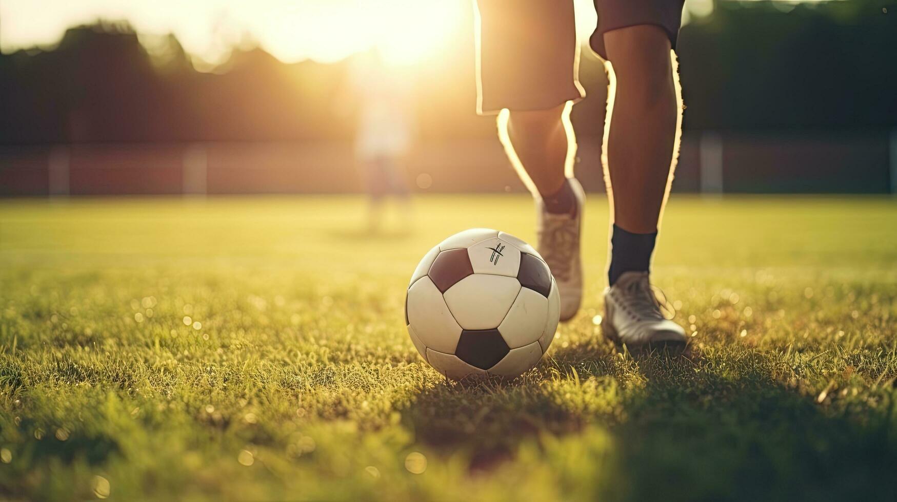 Close-up of a professional football player dribbling the ball on the playing field. photo