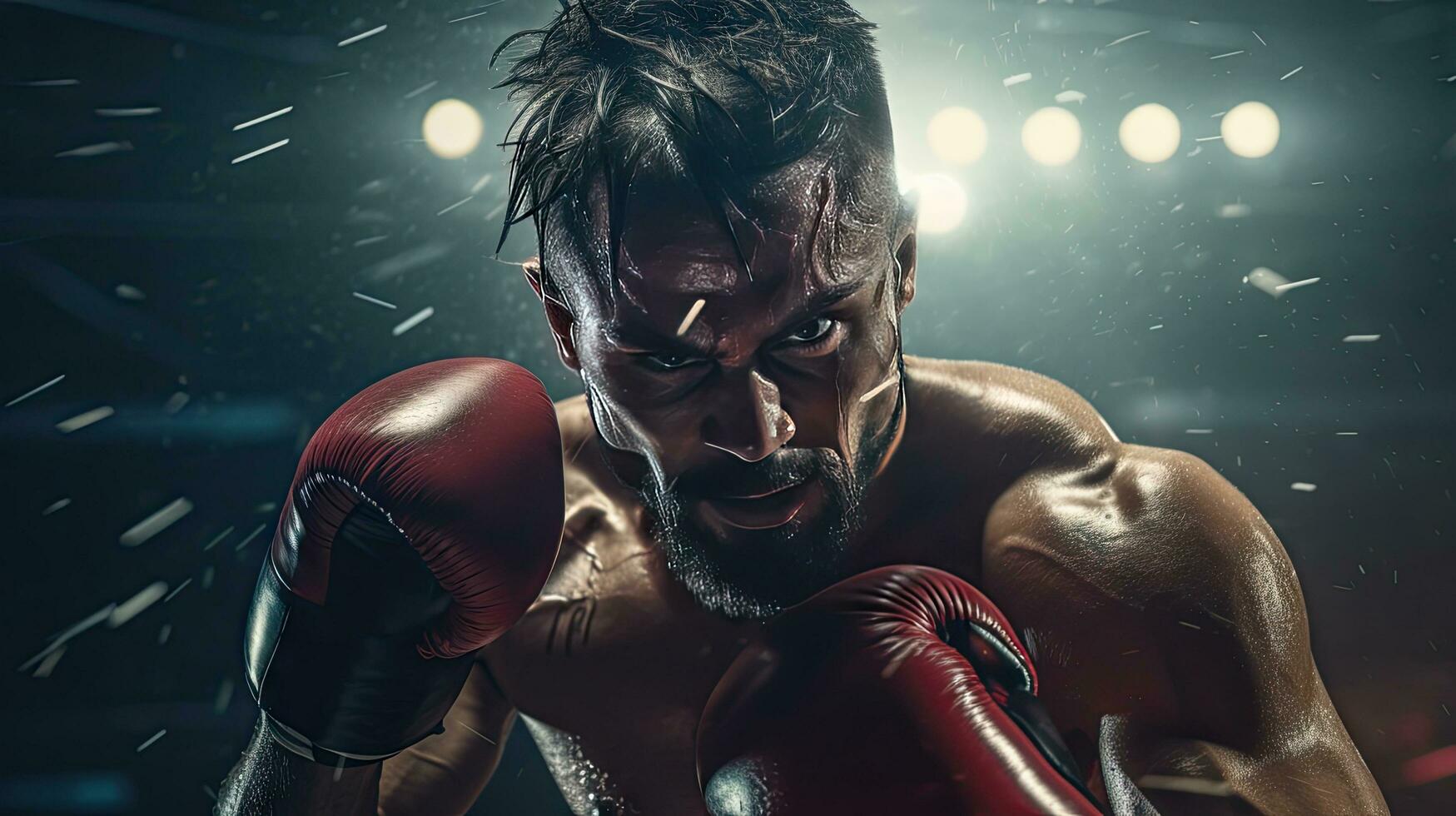 Close-up of a professional boxer fighting in a boxing ring. photo