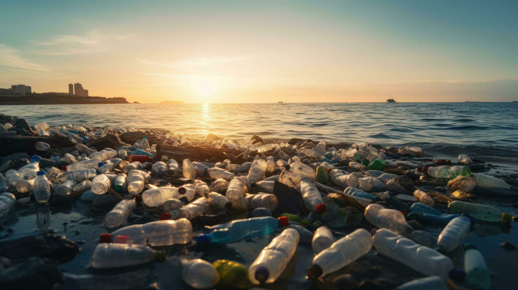 Garbage on the edge of an empty and dirty plastic bottle big city beach environmental pollution ecological problems photo