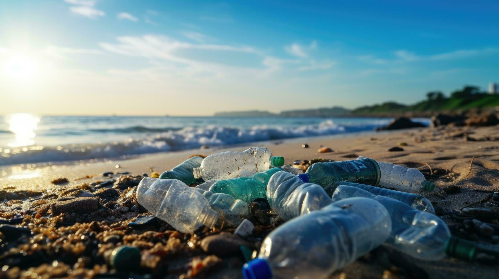 Garbage on the edge of an empty and dirty plastic bottle big city beach environmental pollution ecological problems photo