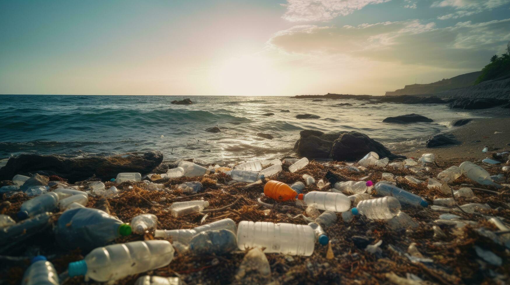 Garbage on the edge of an empty and dirty plastic bottle big city beach environmental pollution ecological problems photo