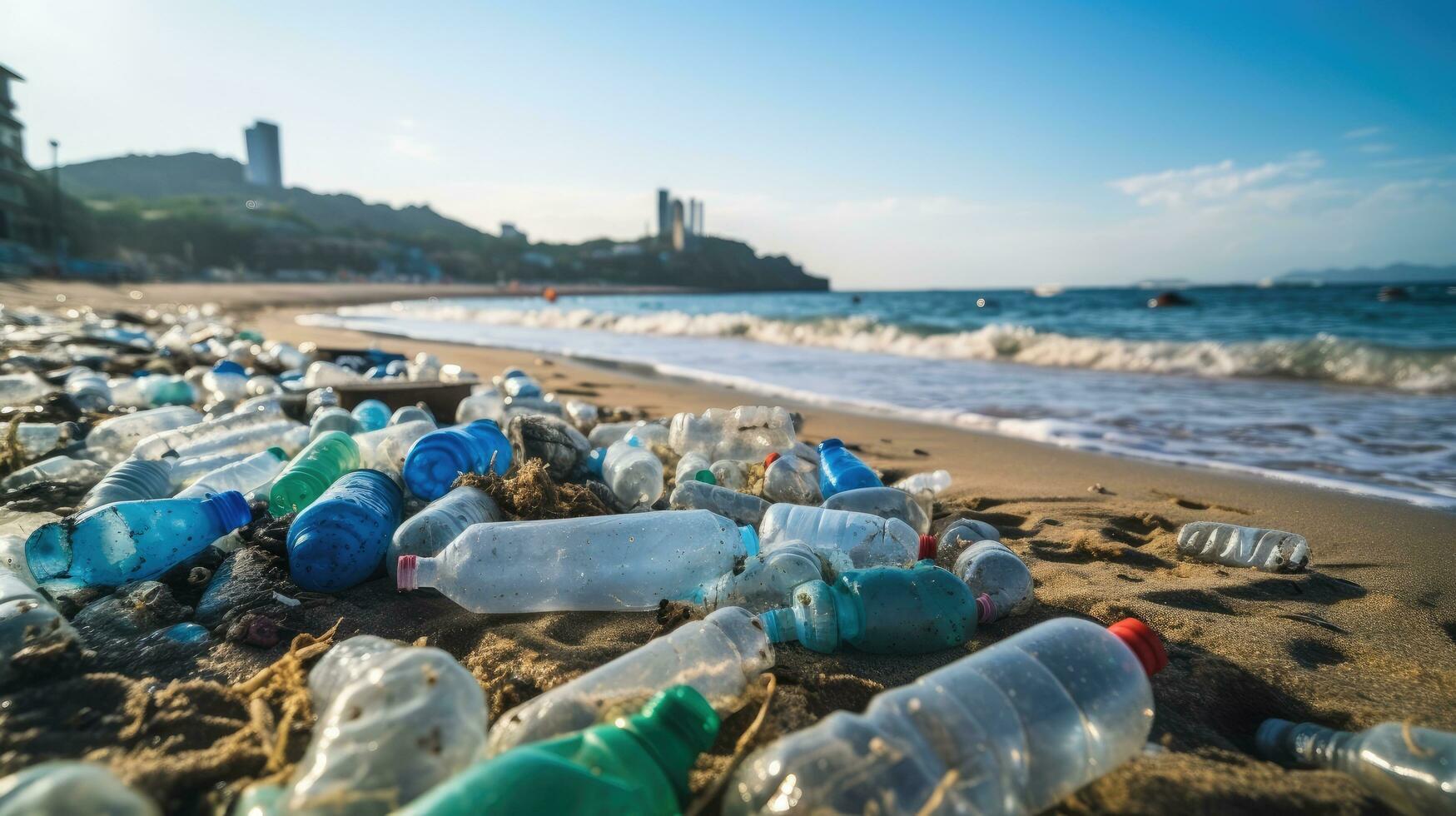 Garbage on the edge of an empty and dirty plastic bottle big city beach environmental pollution ecological problems photo