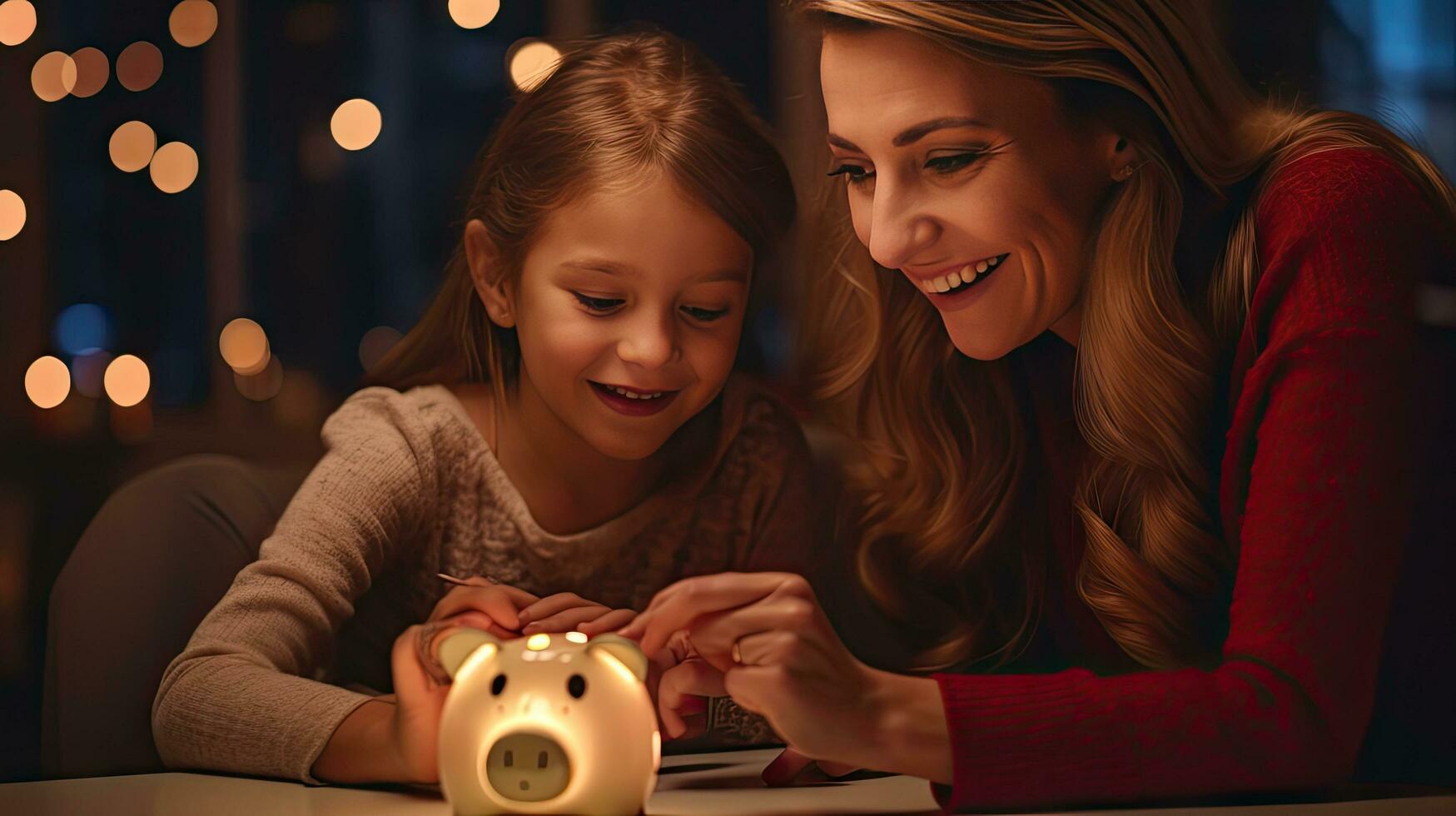 Mother and daughter holding piggy bank counting savings at night light in house photo