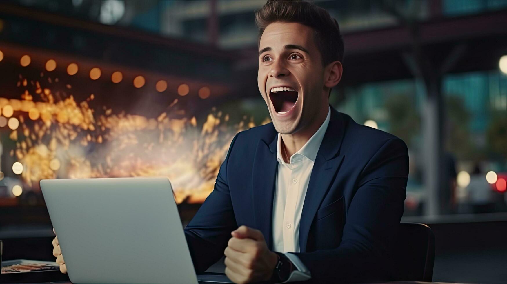 Young businessman in a successful suit shouts with joy Receive notifications from your laptop photo