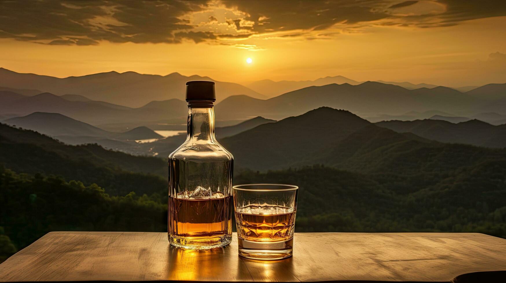 un whisky vaso y un botella en un bar mesa en el antecedentes son montañas y un mar de niebla a puesta de sol. foto