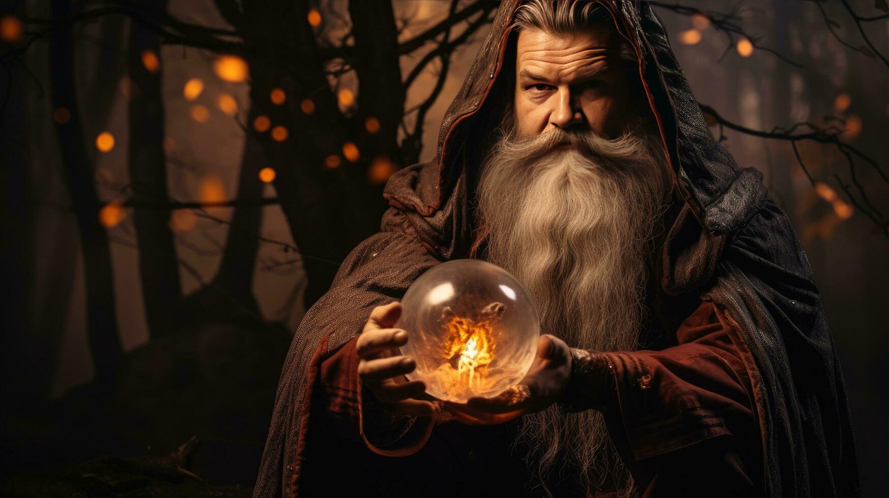 Wizard looking in crystal ball to predict future photo