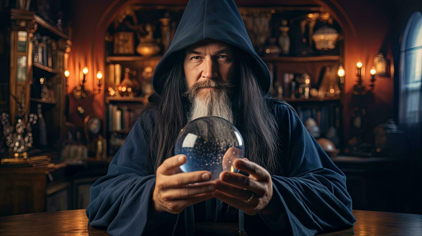 Wizard looking in crystal ball to predict future photo