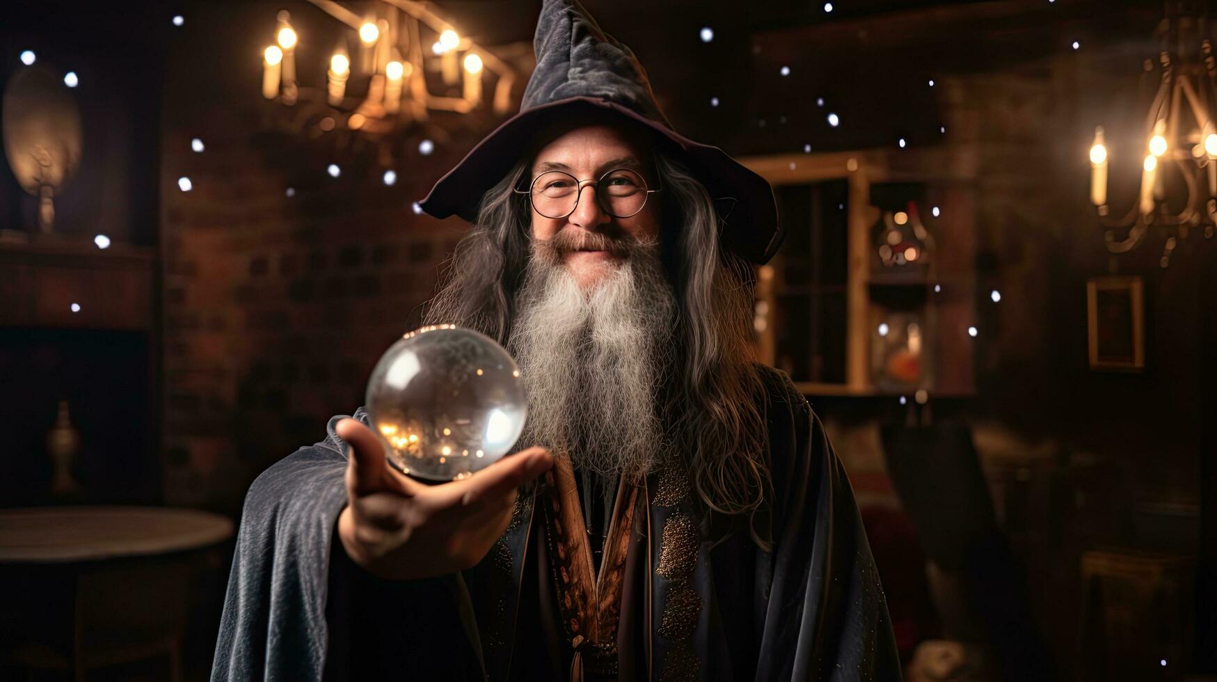 Wizard looking in crystal ball to predict future photo